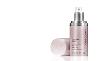 See the latest intense exfoliation treatment from Mary Kay: TimeWise Repair Revealing Radiance Facial Peel. In right corner, the product is displayed as a purple bottle with the top cap removed to show a silver and white pump.